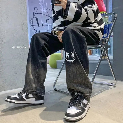 Harajuku Smile Print Baggy Pants Men Streetwear Wide Leg Oversize Jeans Vintage Y2k Straight Long Trousers Male 2024 Fashion