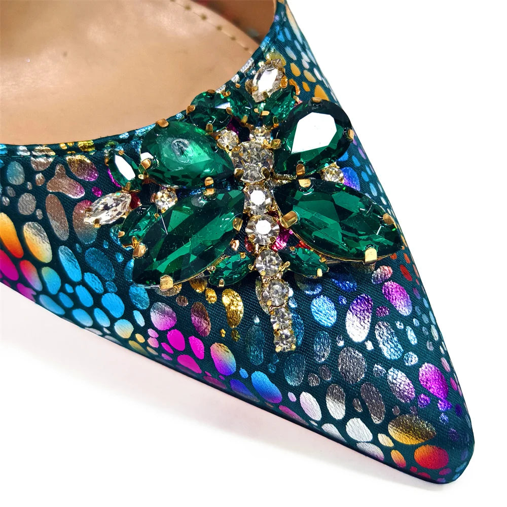 Italian Design Luxury Women's Shoes And Clutch Green Full Diamond Decoration Metal Closure Bag for Party
