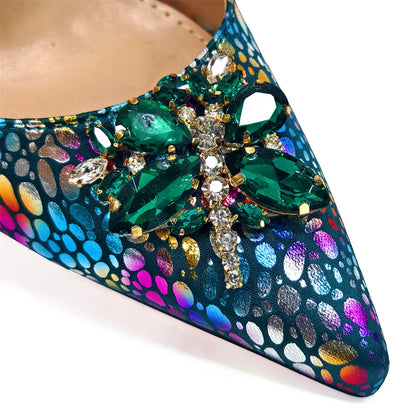 Italian Design Luxury Women's Shoes And Clutch Green Full Diamond Decoration Metal Closure Bag for Party