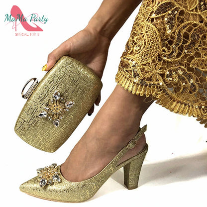 Nigerian Women Shoes and Bag Set in Gold Color High Quality New Arrivals Classics Style for Garden Party