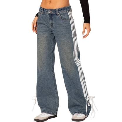 Calça Jeans Y2k com Faixa Lateral, Laço, Cintura Baixa, Perna Reta Larga e Folgada