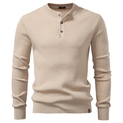 Button Placket Polo Shirt Men Ribbed Stripe Long Sleeve Contemporary Fit Minimalist Autumn Winter Premium Business Top
