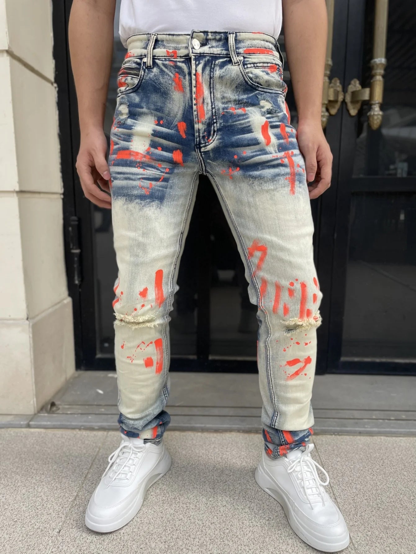 Men's Y2K-Style Denim Pants With Hand Drawn Colorful Tear Stop Pattern Design  Best Selling Product  Free Shipping Included