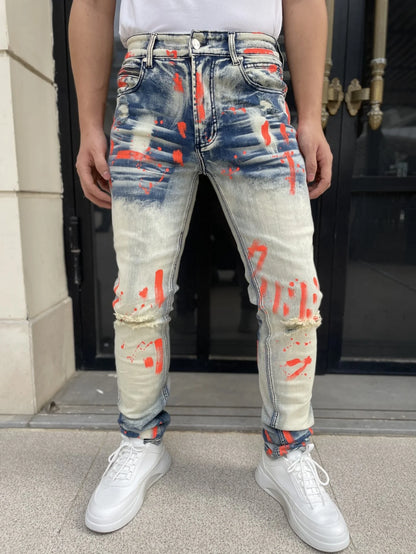 Men's Y2K-Style Denim Pants With Hand Drawn Colorful Tear Stop Pattern Design  Best Selling Product  Free Shipping Included