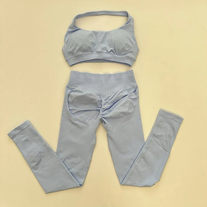 Yoga Legging Sets for Women Seamless Yoga Set Scrunch Butt Legging Set Workout Gym Suit with Halter Crop Top