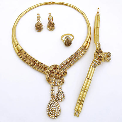 Dubai Gold Color Women Jewelry Sets Classic Design Necklace Earrings Charm Bracelet Ring  Banquet Party Jewelry 18K Gold Plated