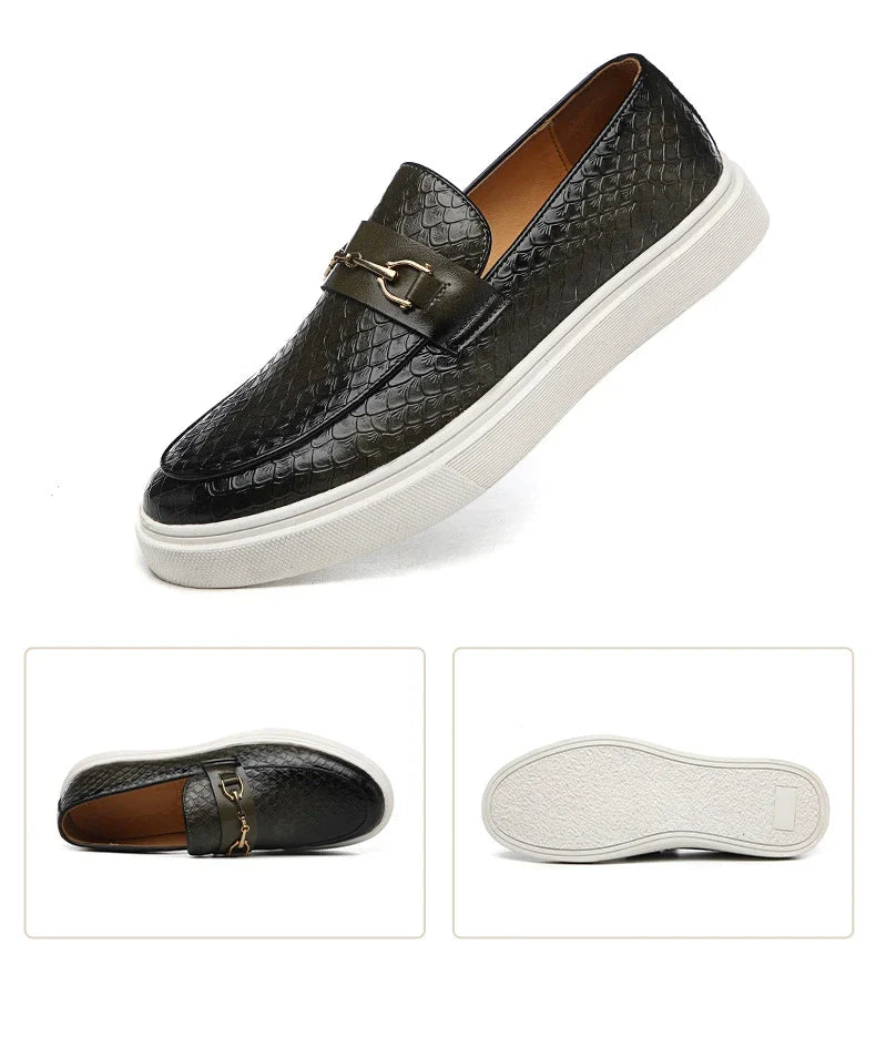 Fashion Men's Casual Shoes Snakeskin Grain Leather Men Retro British Style Loafers Monk Shoes Mens Slip-on Outdoor Driving Flats