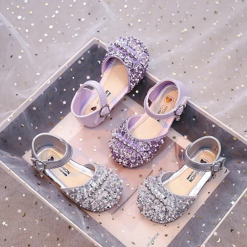 Girls Half Sandals Shiny Crystal Ins Trendy 2025 Summer New Kids Dance Shoes Non-slip Soft Sole Children Princess Shoes Sweet