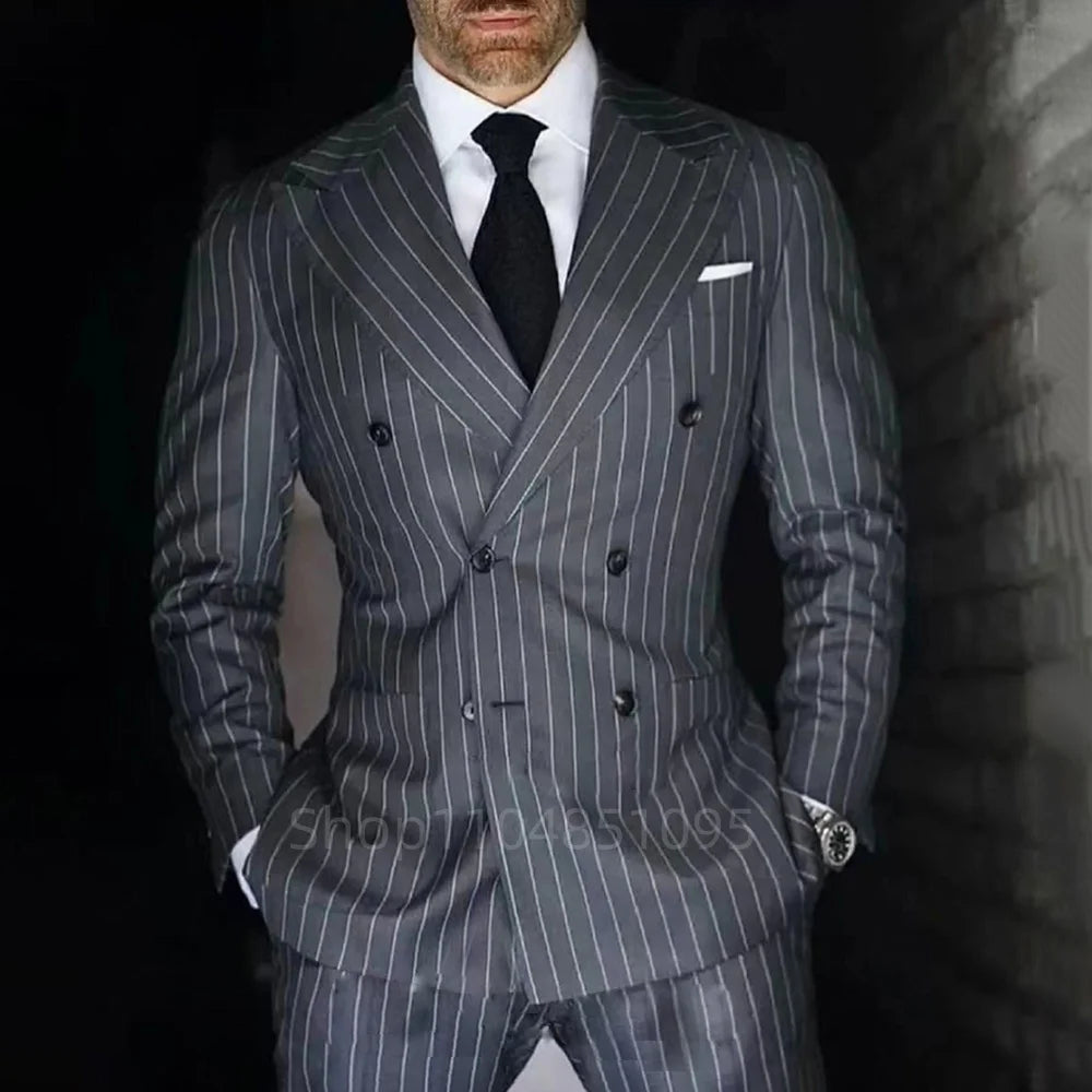 Men's 2-Piece Suit Set Slim Fit Double Breasted Lapel Formal Grey Blue Marine High Quality Jacket And Trousers Ensemble