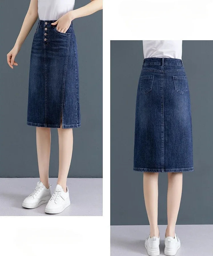 Chubby High Waist Female Jeans Skirts Blue Women's Denim Skirt with Pocket Midi To Knees Length 2025 Trend New in Y2k Vintage V