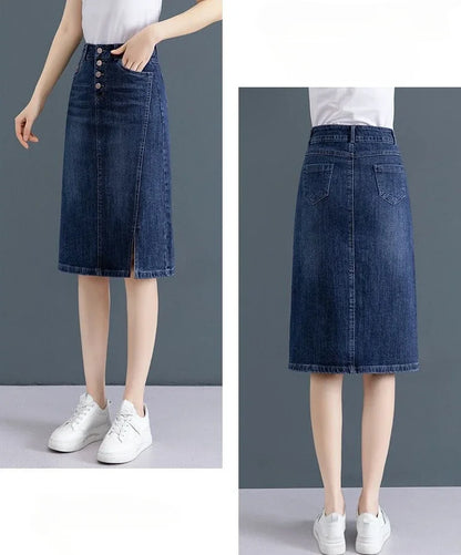 Chubby High Waist Female Jeans Skirts Blue Women's Denim Skirt with Pocket Midi To Knees Length 2025 Trend New in Y2k Vintage V