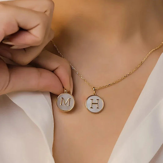 Round Gold Color Initial Letter Necklace Shell Circle Pendant Necklaces For Women Men Stainless Steel Chain Jewelry Gift