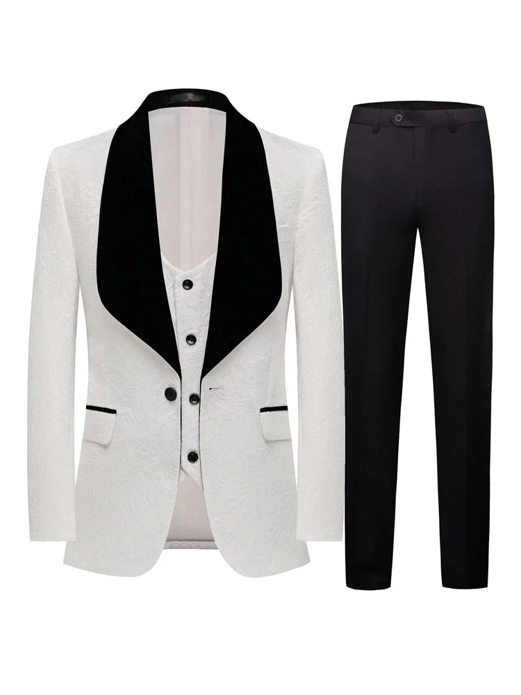 Men's three-piece floral jacquard slim-fitting suit set, including paisley pattern suit jacket, vest, and pants, suitable for ba