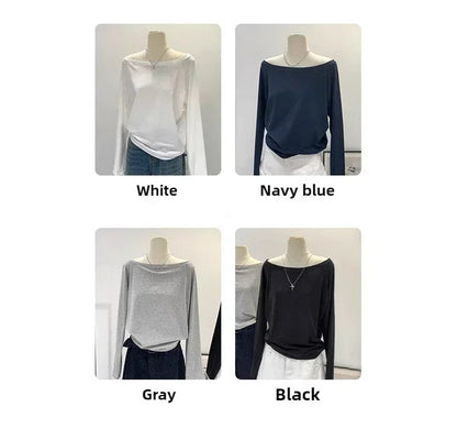 Autumn Winter One Shoulder Cotton Long Sleeve Slant Shoulder Women's Clothing Style Interior Wide Truffle Shoulder Base Shirt