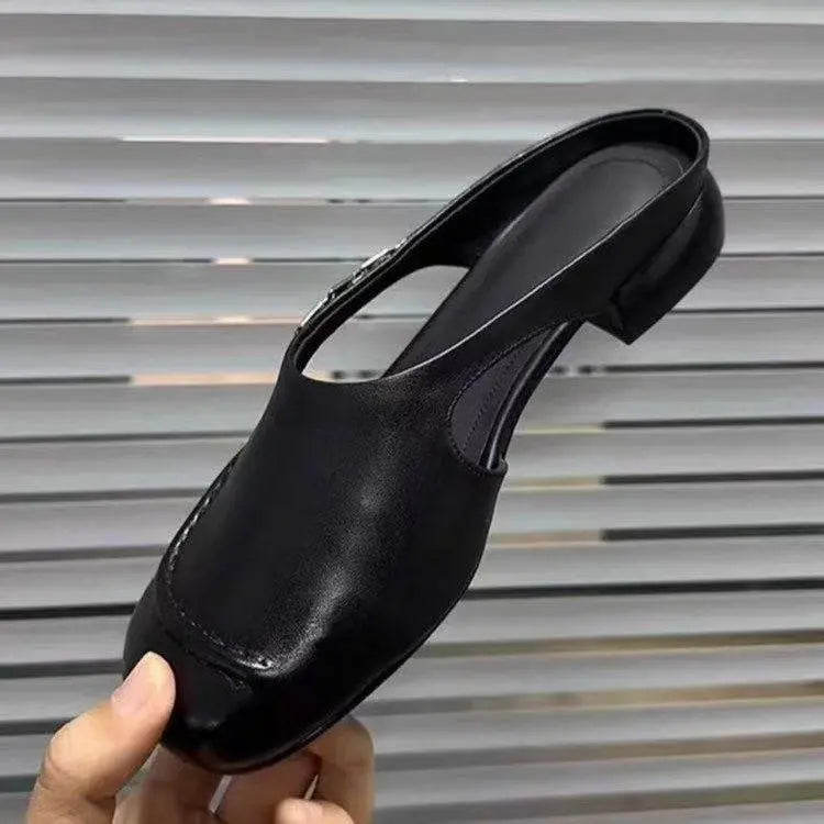 Women's Stylish Genuine Leather Mule Loafers with Metal Buckle Low Heel Slip On Flats Casual Driving Shoes
