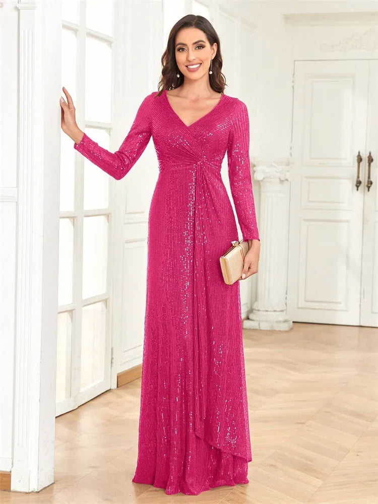 Luxury Floor Length V-Neck Evening Dresses Women Elegant Party Maxi Dress Sequin Long Sleeves Prom Cocktail Dress Gowns
