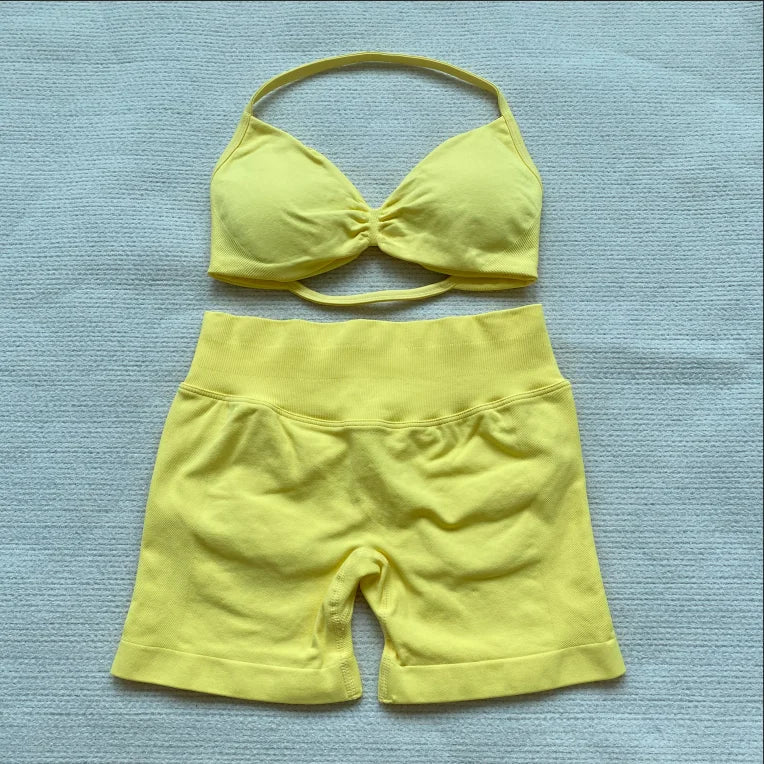 Impact Womens 2 Piece Yoga Set Strappy Seamless Sports Bra and High Waist Scrunch Shorts for Gym Workout and Fitness Training