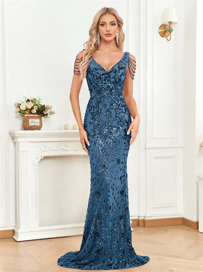 Elegant Deep V-Neck Red Sequin Formal Evening Dresses Women 2024 Beading Wedding Party Mermaid Cocktail Prom Gown
