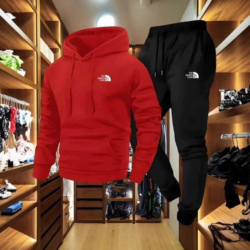 Men's Autumn and Winter Pattern Casual Two-Piece Set Hooded Sweatshirt and Pants with Pockets Regular Fit Outdoor Sport Suit