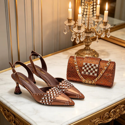 Italian Shoe and Bag Set for Party in Women Ladies Party Shoes with Matching Bag Decorated with Rhinestone Pointed Toe Pumps