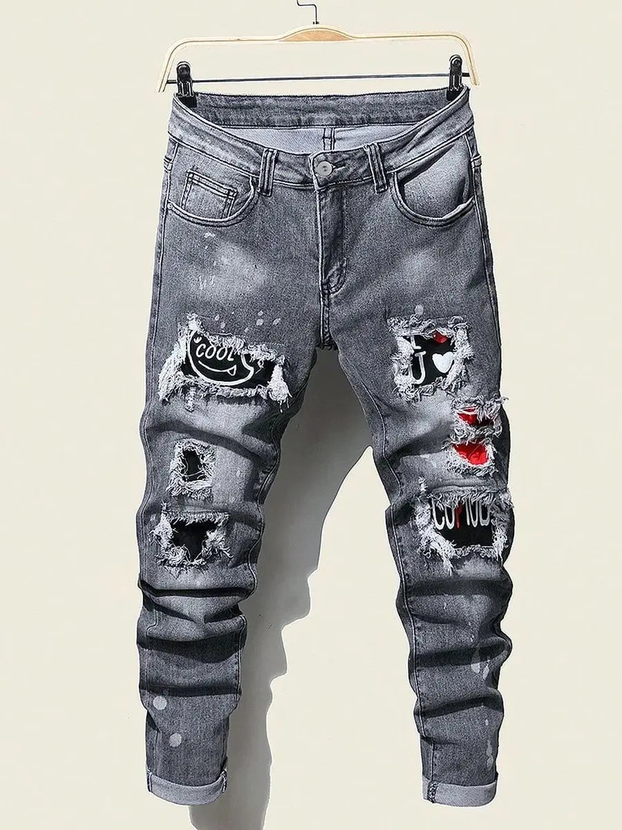 Men's Slim Stretchy Denim Jeans for Men Pants Tearing Patchwork Soft Cotton High Elastic Ripped Hole Casual Male Pants