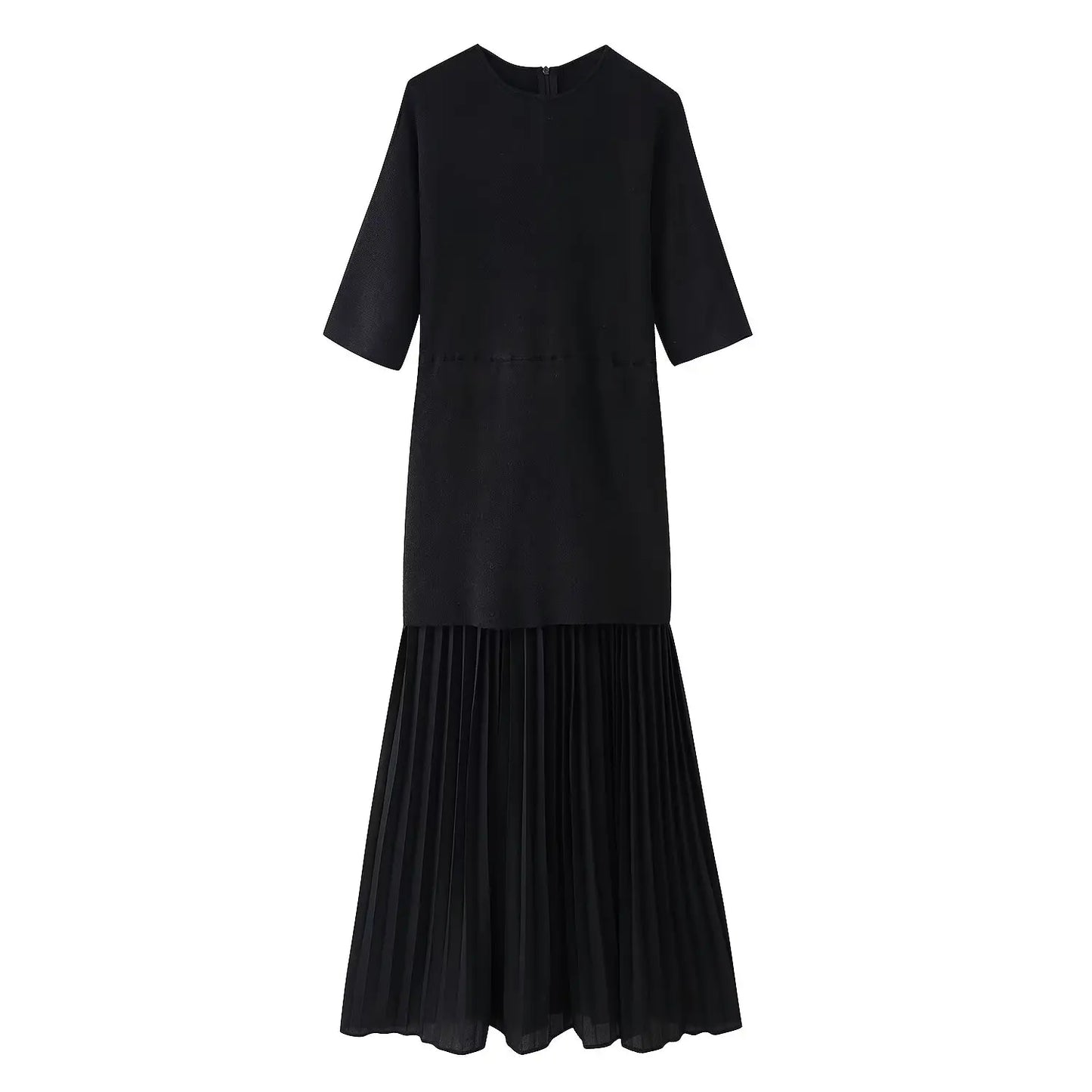 Women Elegant Half Sleeves O-Collar Pleated Dress Spring Woman Rear Zipper Splicing Vintage Casual Knitted Long Dress