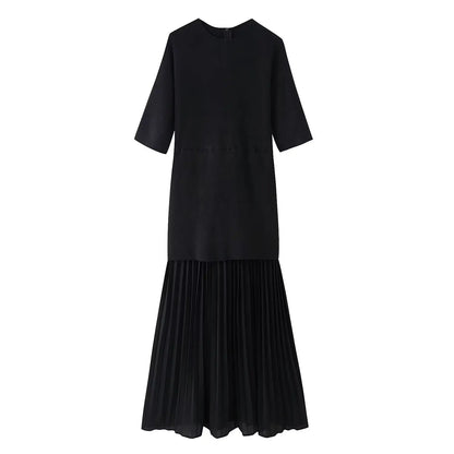 Women Elegant Half Sleeves O-Collar Pleated Dress Spring Woman Rear Zipper Splicing Vintage Casual Knitted Long Dress