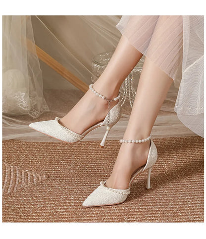 Size 30-44 Pearls Strap High Heels Lace Women White Wedding Shoes Stiletto Heel Point Toe Bride Bridesmaid