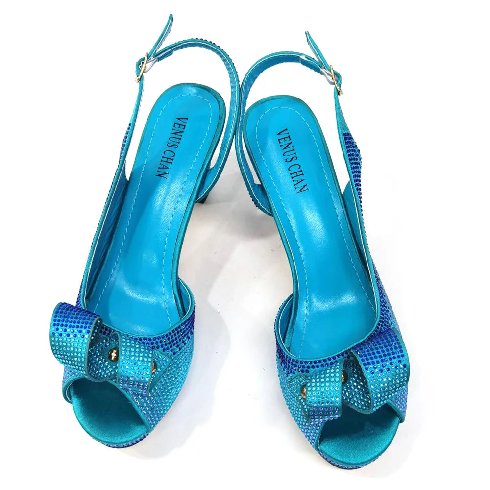 Newest INS Style Peach Color Rhinestone Elegant High Heels Nigeria Popular Design African Ladies Shoes And Bag Set