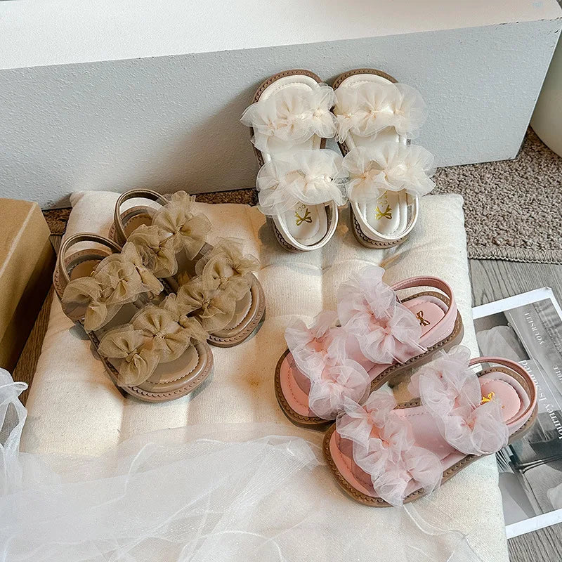 Girls' Sandals 2024 Summer New Fairy Style Princess Sandals with Mesh Bow Kids Versatile Fashion Sweet Beach Shoes for Vacation