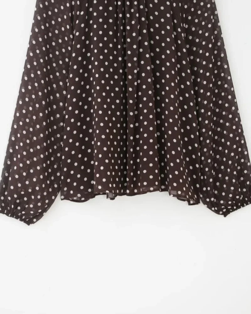 Elegant Women Polka Dot Blouse, Spring Bow Tie Lantern Sleeve Layered Neck Chiffon Shirt, Casual Daily Office Top