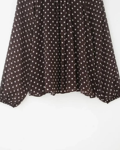 Elegant Women Polka Dot Blouse, Spring Bow Tie Lantern Sleeve Layered Neck Chiffon Shirt, Casual Daily Office Top