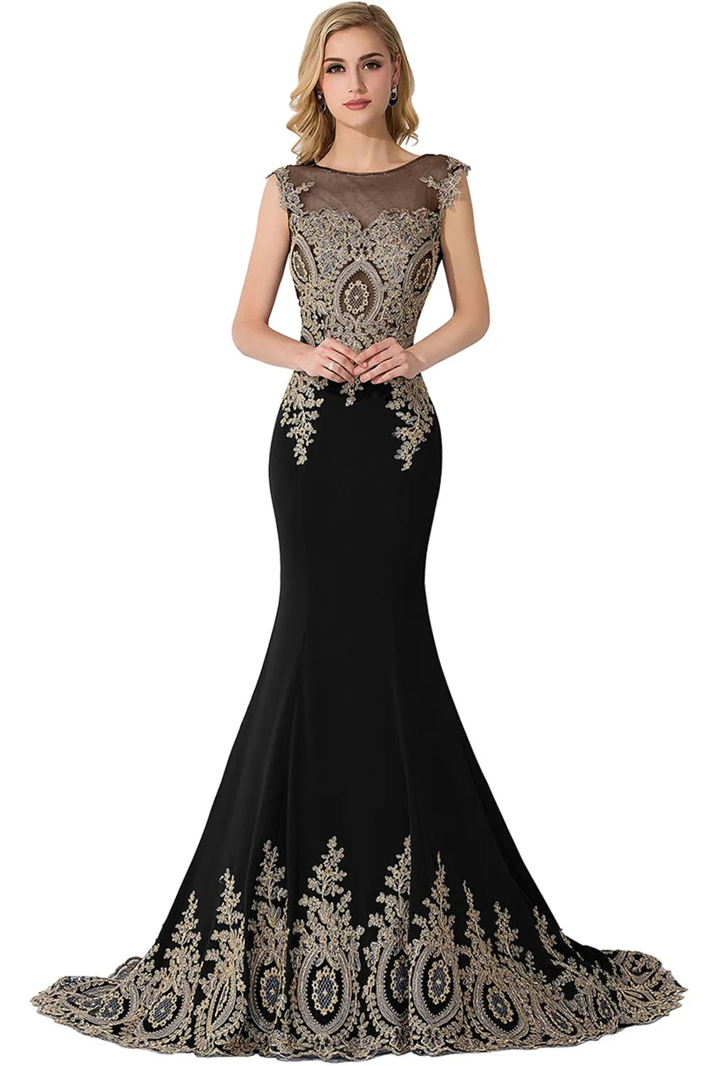 Vestidos de Baile Sereia de Renda Transparente, Luxuosos Apliques, Bordados, Missangas, Vestidos de Noite Ilusão, Vestido de Festa Longo