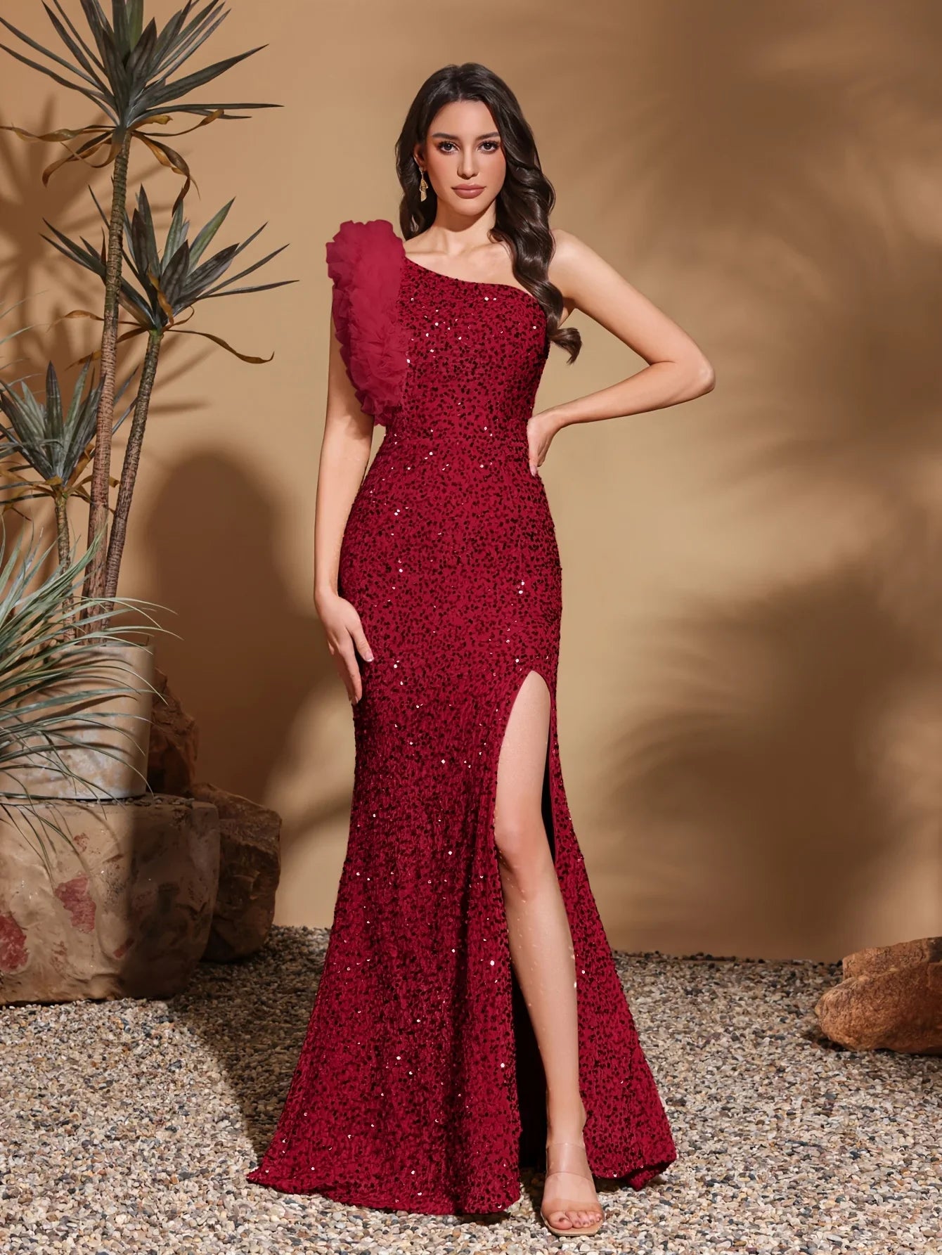Sequined off-shoulder mesh splicing decorated slit dress