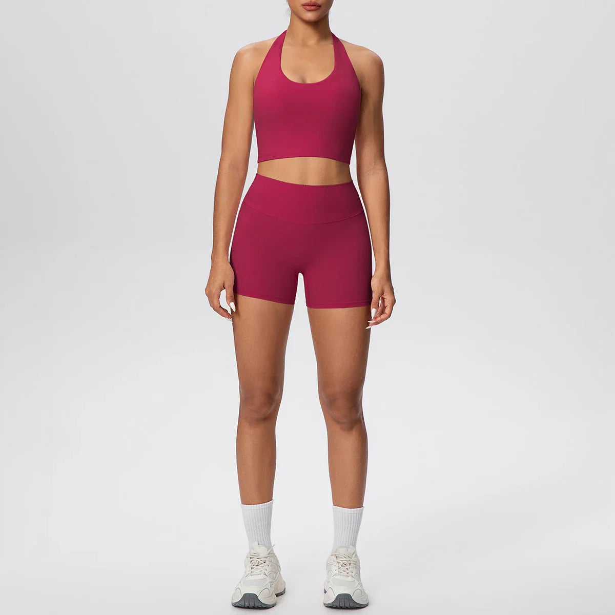 2picese Women Yoga Suit Solid Color High Waist Hip Push Up Fitness Shorts Sexy Pilates Backless Gym Hanging Neck Bra Yoga Set