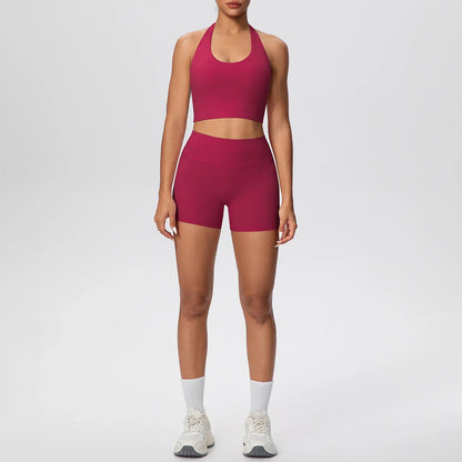2picese Women Yoga Suit Solid Color High Waist Hip Push Up Fitness Shorts Sexy Pilates Backless Gym Hanging Neck Bra Yoga Set