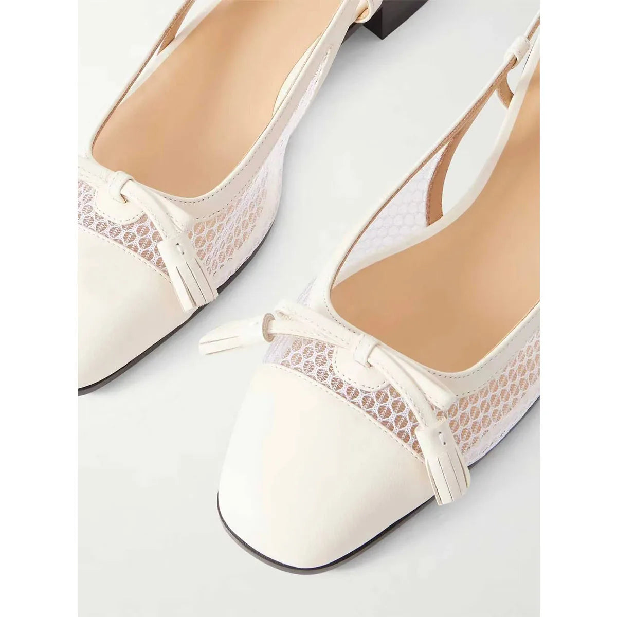 Summer White Cowhide Tassels Closed Toe Sandals Square Toe Hollow Low Heel Mesh One Word Buckle Sandals Commute