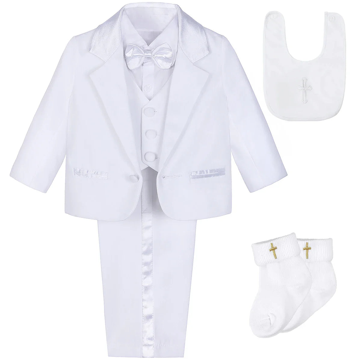 Baby Boy Baptism Outfit Infant White Christening Suit with Hat Toddler Wedding Birthday Party Clothing Long Sleeved Tuxedo 5PCS