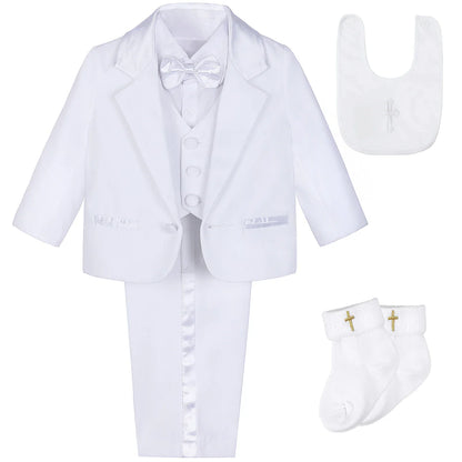 Baby Boy Baptism Outfit Infant White Christening Suit with Hat Toddler Wedding Birthday Party Clothing Long Sleeved Tuxedo 5PCS
