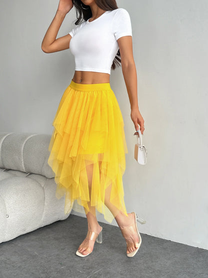Ladies' high waisted elastic waist layered chiffon midi skirt with irregular asymmetric hem party casual mesh fairy ballet skirt