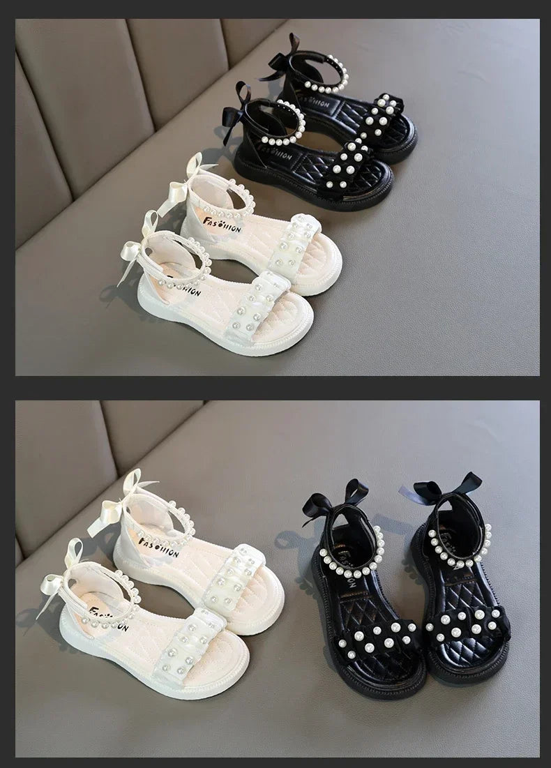 Children's Sandals Summer Bowtie Princess Shoes for Girls Fashion Sweet Kids Causal Pearl Roman Sandals Solid Color Hook Loop