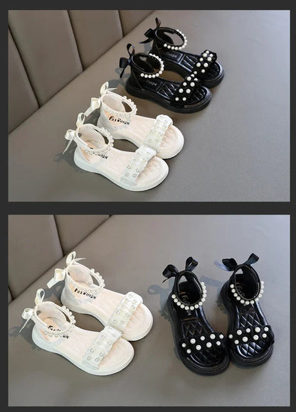 Children's Sandals Summer Bowtie Princess Shoes for Girls Fashion Sweet Kids Causal Pearl Roman Sandals Solid Color Hook Loop