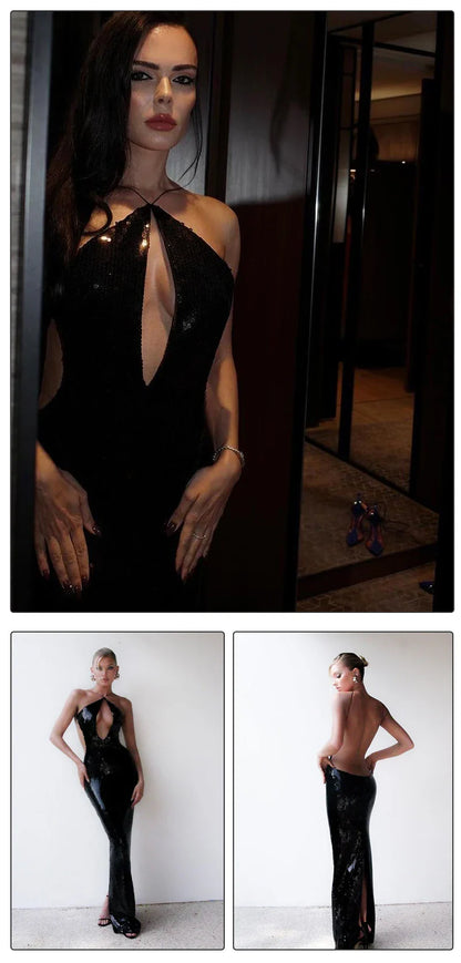 Women'S Gold Sequins Luxury Party Gown Sexy Backless  Long Dress For Wedding Banquet Party Female Clothing