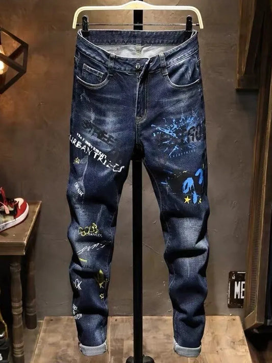 Spring and Autumn Fashion Trend Printed Straight-Leg Stretch Denim Jeans For Men Comfortable Casual Sports High-Quality Jeans