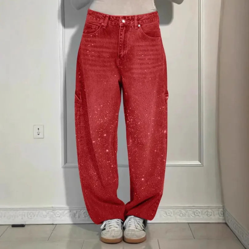 Calça Jeans Feminina Mom Pantalona Perna Larga Hot Drilling Cintura Alta Reta Y2k Streetwear Casual Punk Solta