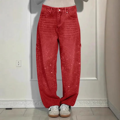 Calça Jeans Feminina Mom Pantalona Perna Larga Hot Drilling Cintura Alta Reta Y2k Streetwear Casual Punk Solta
