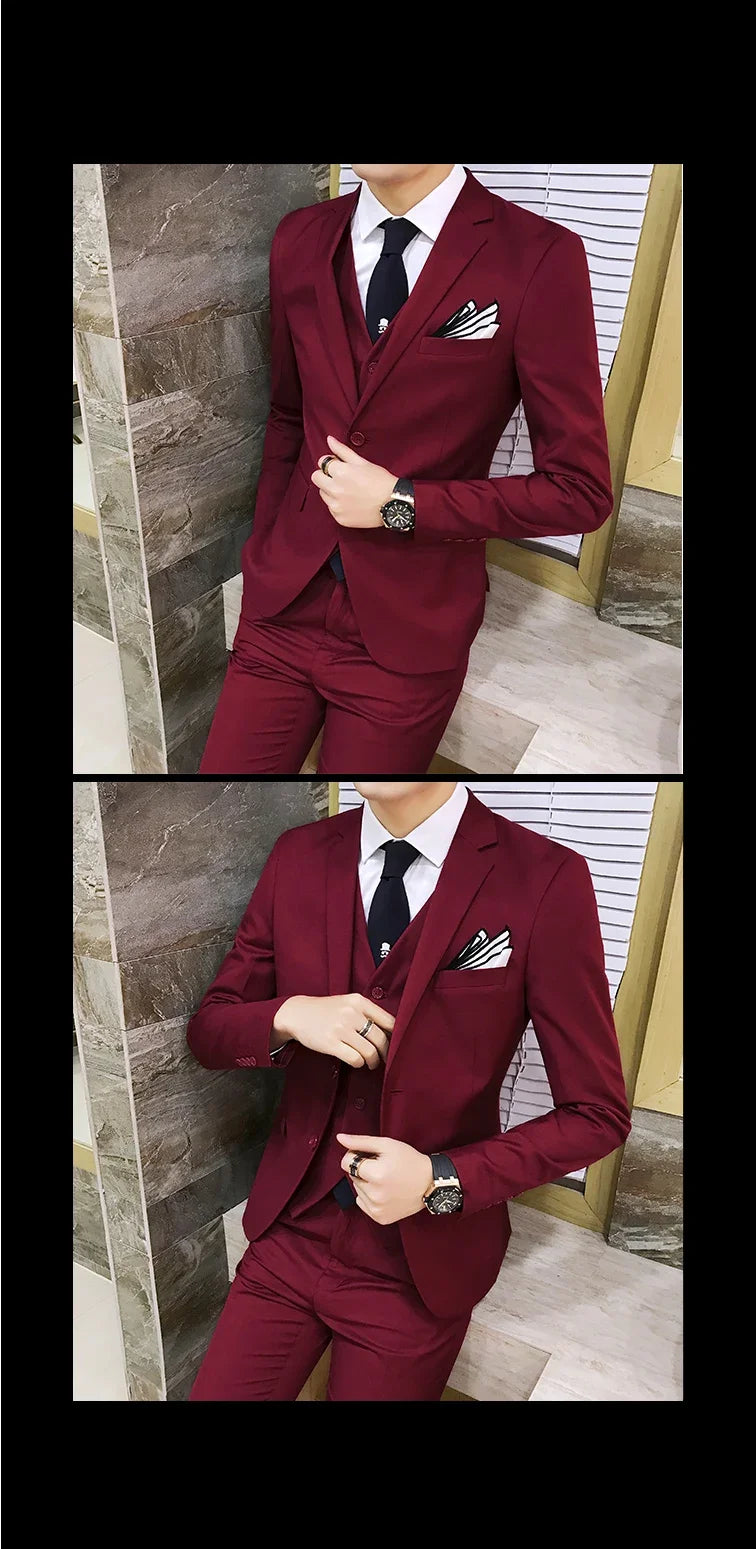 Suit (Blazer+vest+pants) Men's Fashion Business Korean Version of Solid Color Slim-fit Wedding Professional Gentleman Dress 6XL
