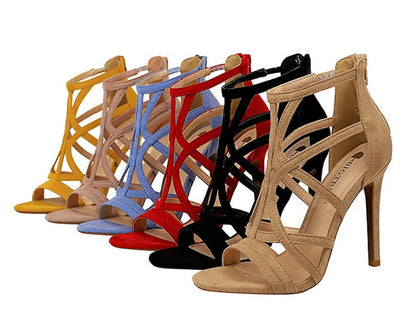 Women Roman Style Thin High Heels Pumps Pointed Toe Suede Hollow Strap Party Shoes Solid Ankle Zip Summer Sandals