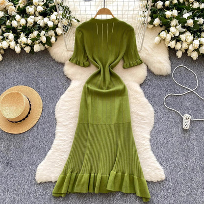 Fashion Vintage Knitted Long Dress Spring Summer Women Elegant V-neck Ruffled Bodycon Sweater Dress Party Vestido