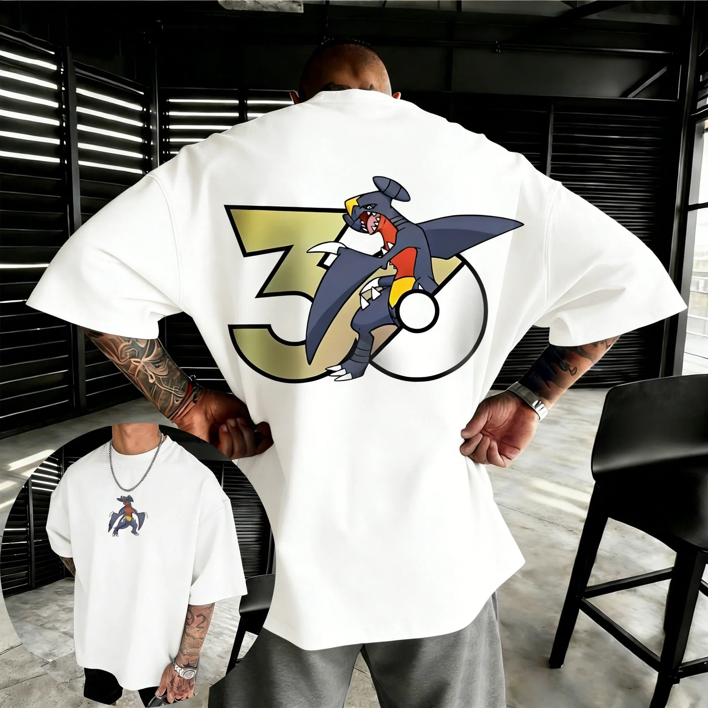 30th Anniversary Garchomp Printed T-shirt Summer Men's and Women's Loose Casual Hip Hop Trendy Short Sleeve Top